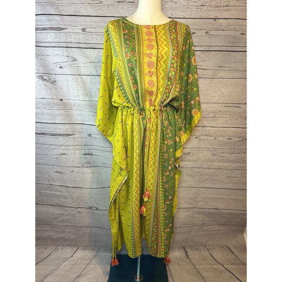 Flowers Dresses & Skirts - Boho Floral Geometric Tassel Fringe Dress Green Pink Tropical Tunic L